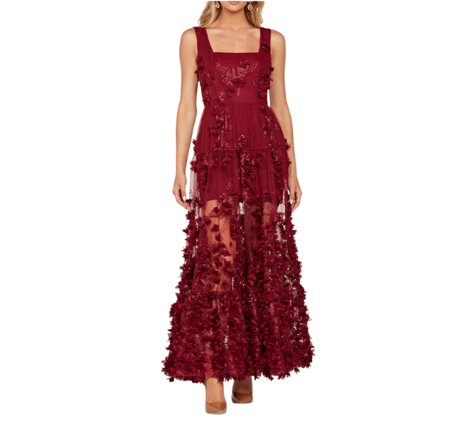 A wine colored embroidered floral applique gown. 