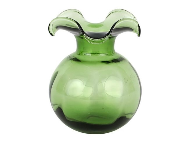 A dark green Vietri hibiscus glass bud vase.