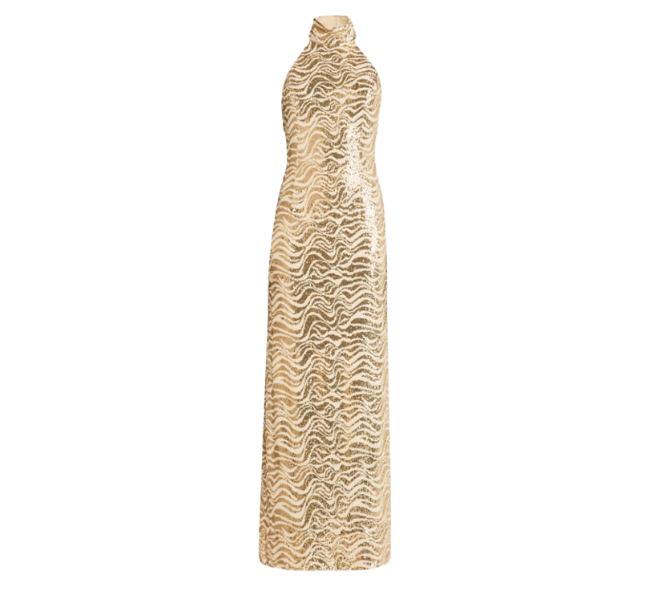 A gold sequin halter ball gown available at Neiman Marcus.