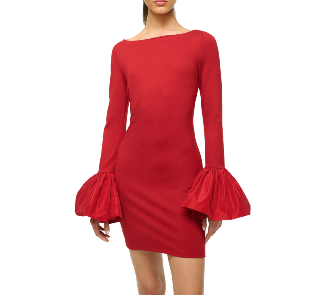 A red long sleeve mini dress with flared sleeves by STAUD. 