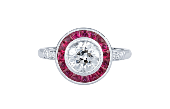 A ruby halo engagement ring from Shaftel Diamonds.