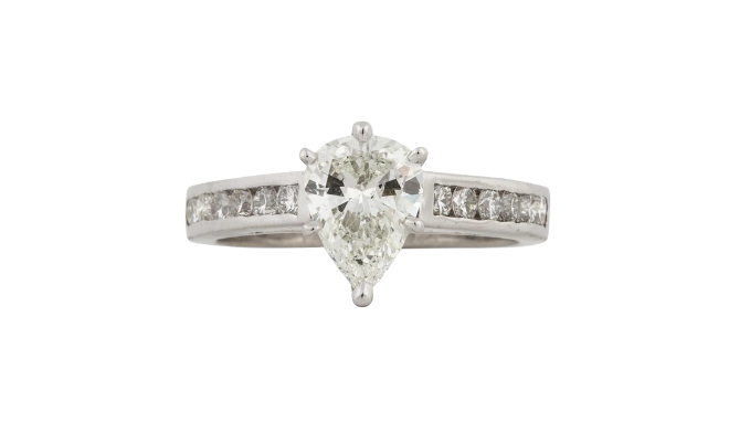 A pear-shaped diamond engagement ring from Tenenbaum Jewelers.