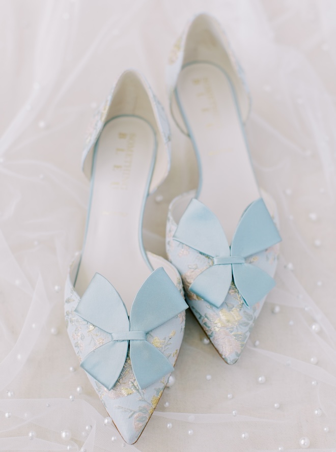 Blue-printed shoes with blue bows at the toe. 