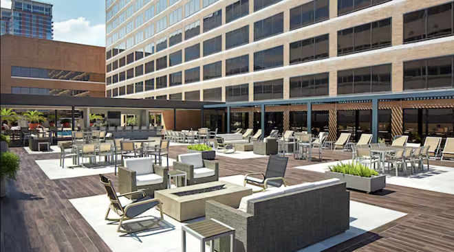 Lounge area outside the Hilton Houston Plaza/Medical Center.