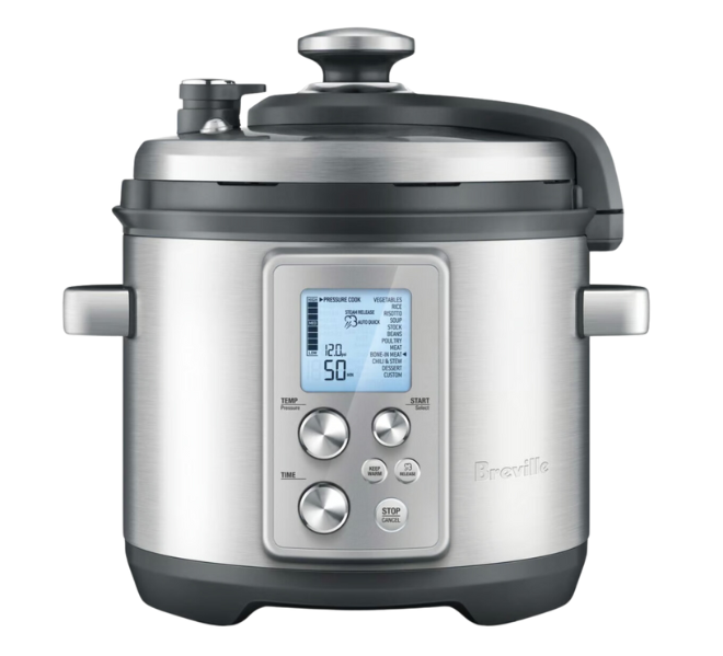 Stainless steel Breville pressure cooker. 