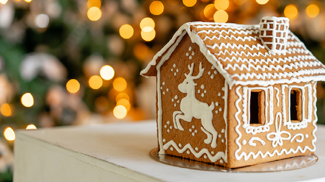 A decorated gingerbread house. 