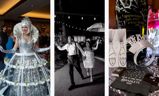 A three photo collage of a woman wearing a champagne-holding dress, the bride and groom leaving the venue, and New Year's eve napkins and details. 