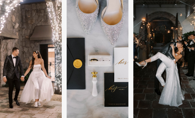 Three photo collage of a bride and groom holding hands behind lit trees, black and white stationery and a bride and groom kissing with guests waving sparklers. 