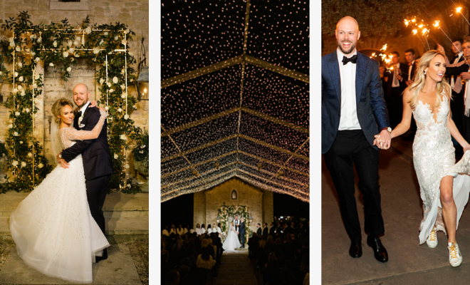 A three photo collage of the bride and groom, their wedding ceremony and leaving their wedding with guests waving sparklers behind them. 