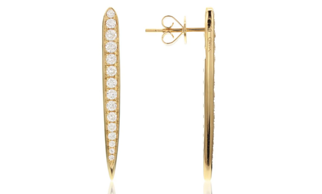 18K Gold linear diamond stud earrings available at Tenenbaum Jewelers. 