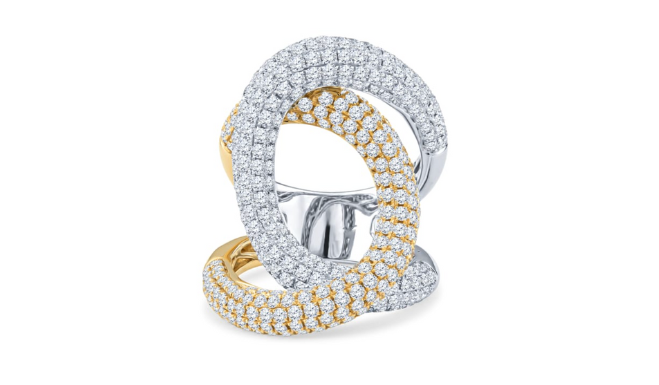 A white and yellow gold swirl ring available at Shaftel Diamonds.