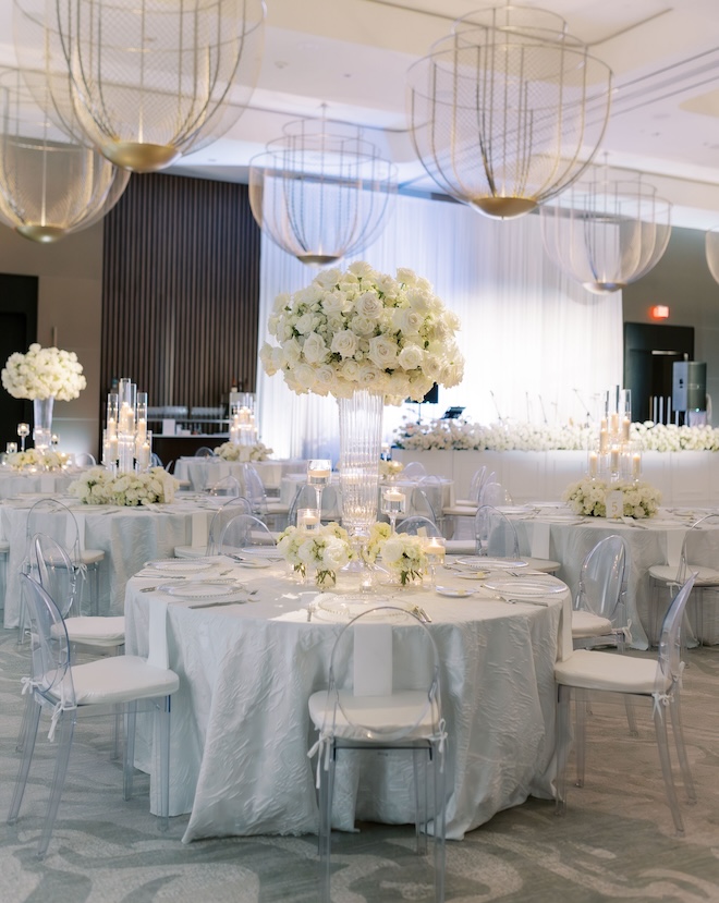 The ballroom at Thompson Houston, by Hyatt decorated with white florals and linens. 