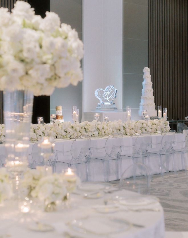 The ballroom at Thompson Houston, by Hyatt decorated with white florals, white linens and a large white wedding cake. 