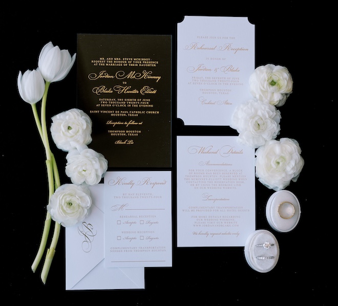 A black, white and gold invitation suite. 