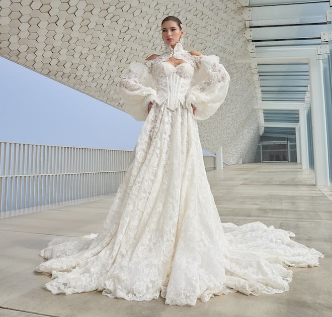 An all-lace gown with puffy sleeves. 