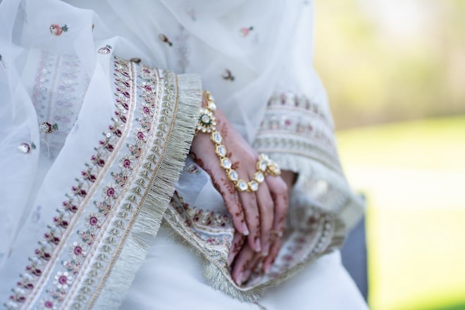 A close-up of the bride's hands. 