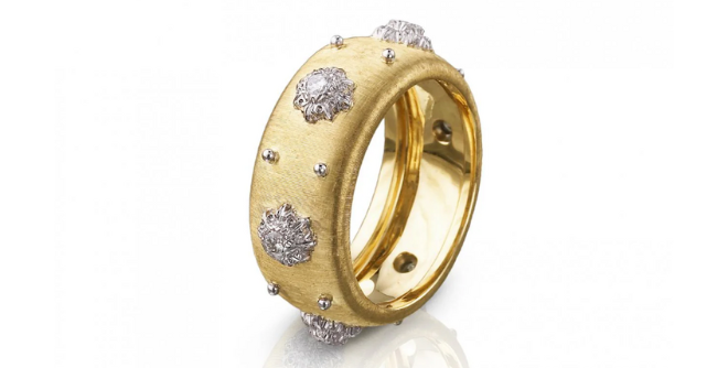 A gold ring with raised diamonds. 