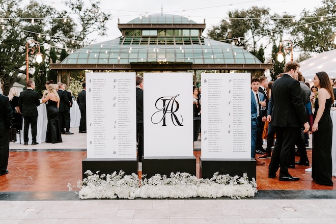 Black and white seating chart is placed at the couple's wedding reception. 