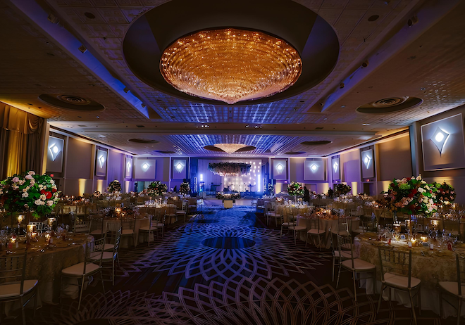 The large ballroom at the Wyndham Houston decorated for a reception. 