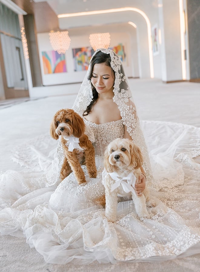 The bride takes portraits with her dogs at a Houston hotel wedding venue. 