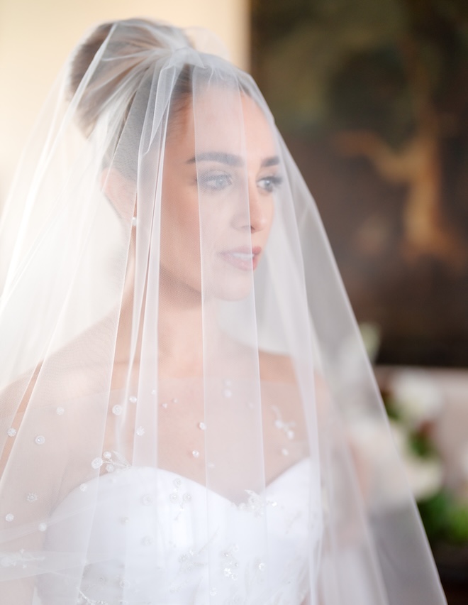 The bride wears her veil with her Dior wedding dress.