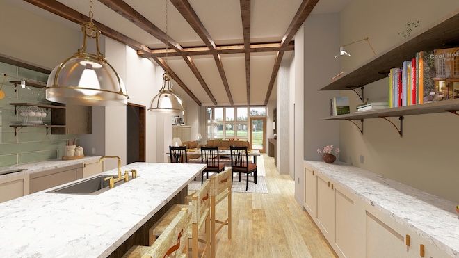 A kitchen in a private villa with marble countertops, wooden beam ceilings and a dining table overlooking the grounds. 